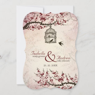 Invitación a la boda de cerezos y aves amorosas