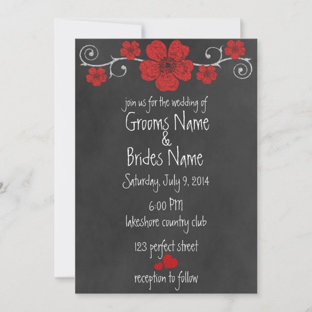 Invitación a la boda de Chalkboard con rosas rojas (Anverso)
