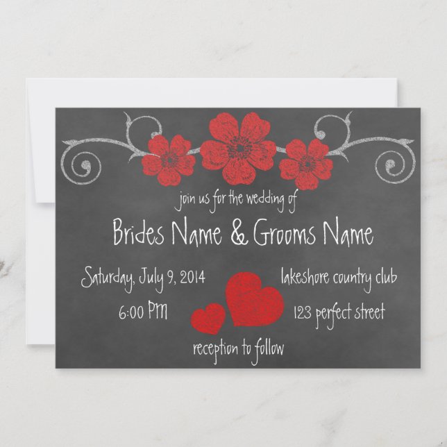 Invitación a la boda de Chalkboard con rosas rojas (Anverso)