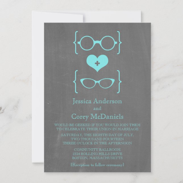 Invitación a la Boda de Chalkboard de Aqua Geeky G (Anverso)