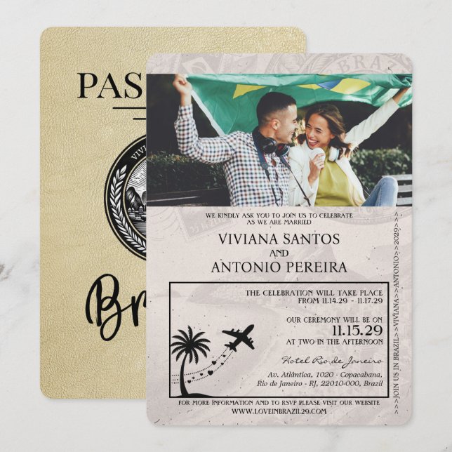 Invitación a la boda de Champagne Brazil Passport (Anverso / Reverso)