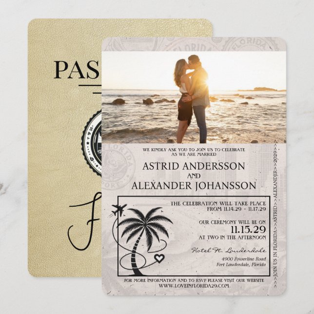 Invitación a la boda de Champagne Florida Passport (Anverso / Reverso)