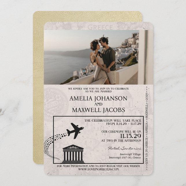 Invitación a la boda de Champagne Greece Passport (Anverso / Reverso)