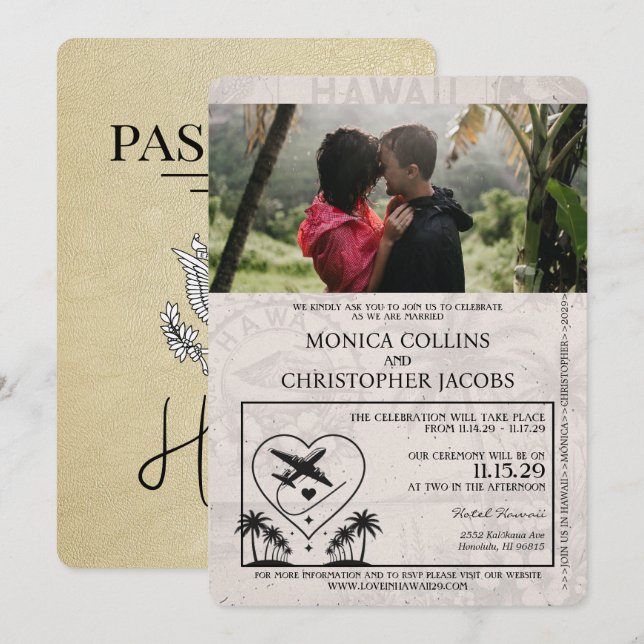 Invitación a la boda de Champagne Hawaii Passport (Anverso / Reverso)