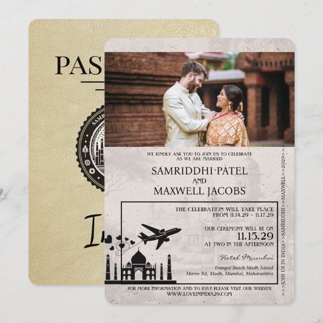Invitación a la boda de Champagne India Passport (Anverso / Reverso)