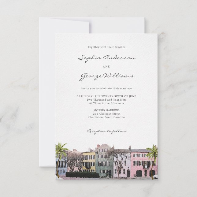 Invitación a la boda de Charleston Rainbow Row SC (Anverso)