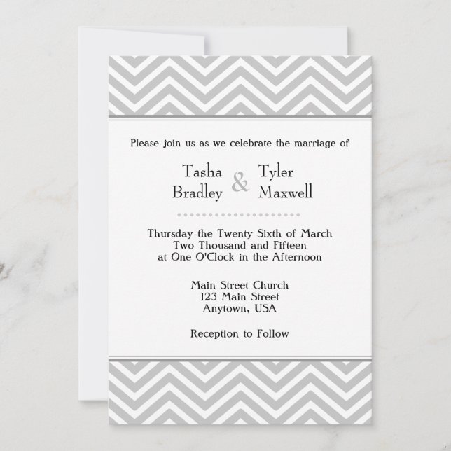 Invitación a la boda de Chevron blanco y gris (Anverso)