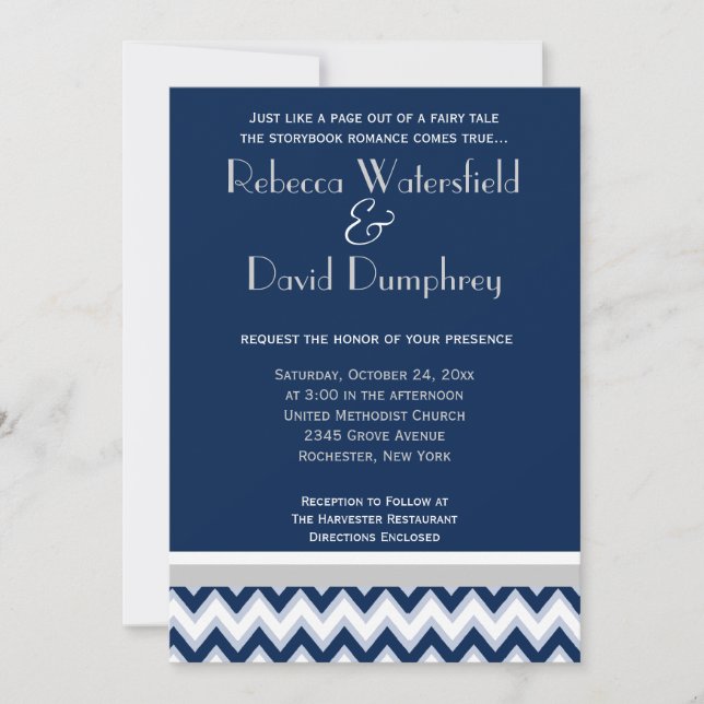 Invitación a la boda de Chevron con marea azul y p (Anverso)