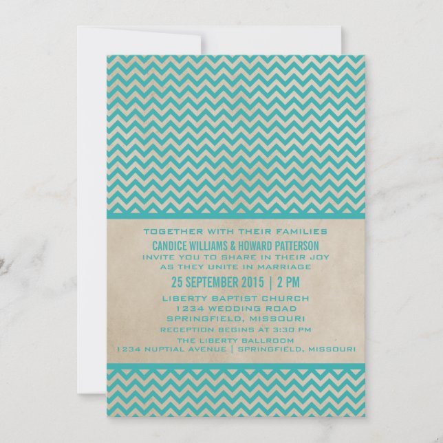 Invitación a la boda de Chevron de Moda verde azul (Anverso)