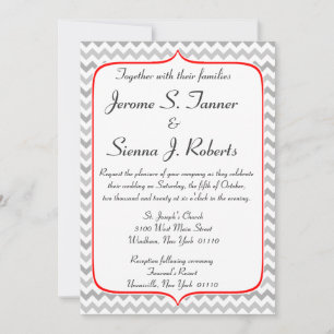 Invitación a la boda de Chevron gris y rojo brilla