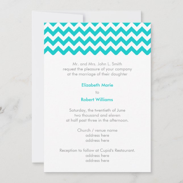 Invitación a la boda de Chevron gris y turquesa (Anverso)