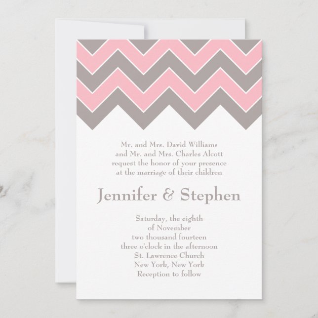 Invitación a la boda de Chevron rosa y gris (Anverso)