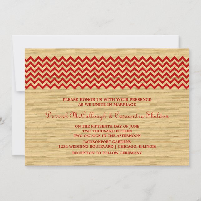 Invitación a la boda de Chevron Rústico Rojo (Anverso)