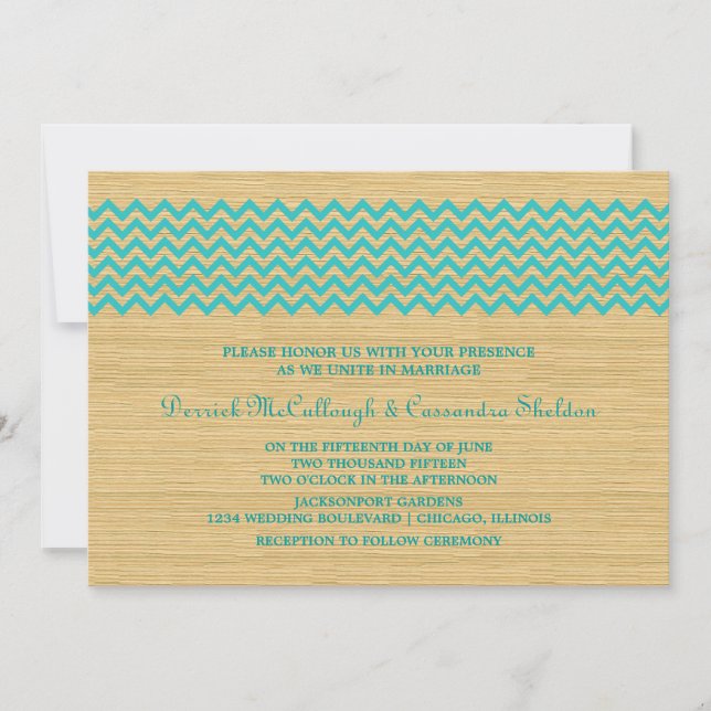 Invitación a la boda de Chevron Rústico verde azul (Anverso)