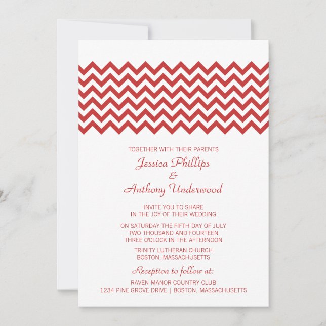 Invitación a la boda de Chevron Sencillo Rojo (Anverso)