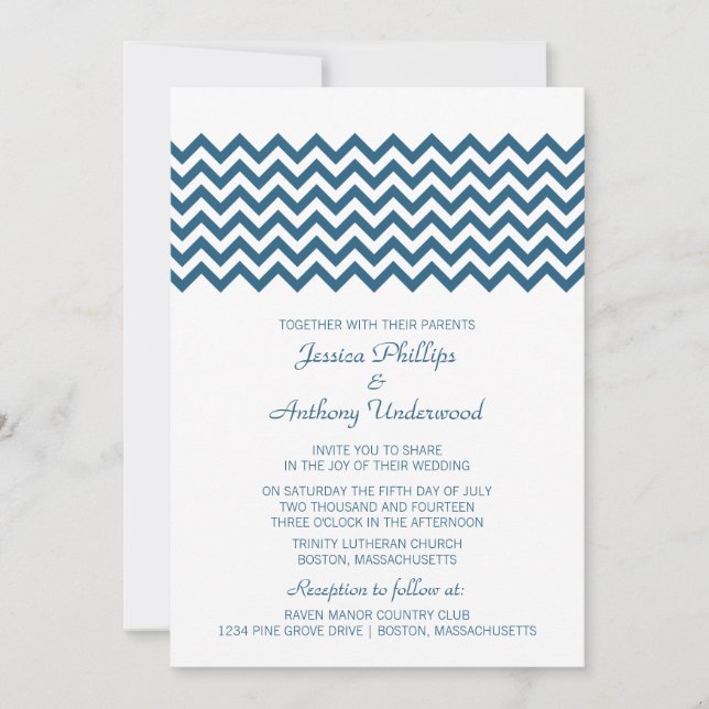 Invitación a la boda de Chevron simple azul (Anverso)
