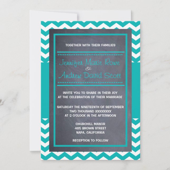 Invitación a la boda de Chevron Verde azulada (Anverso)
