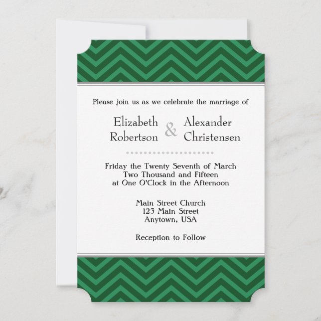 Invitación a la boda de Chevron verde oscuro (Anverso)