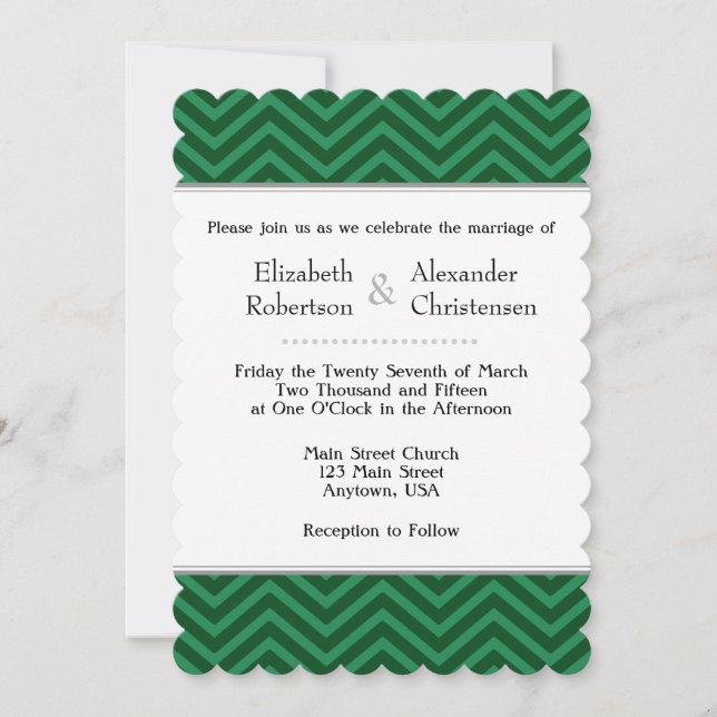 Invitación a la boda de Chevron verde oscuro (Anverso)