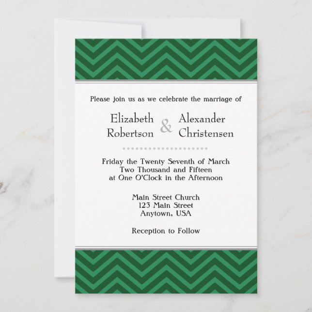 Invitación a la boda de Chevron verde oscuro (Anverso)