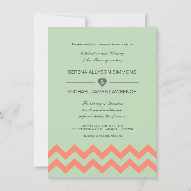 Invitación a la boda de Chevron verde y coral (Anverso)