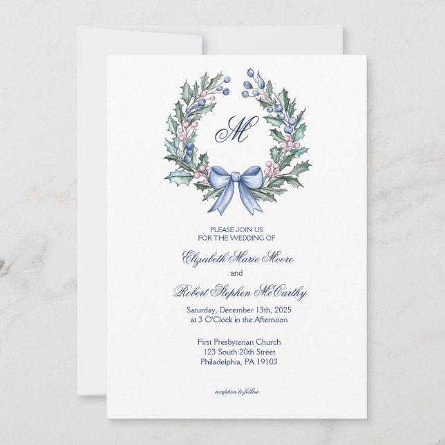 Invitación a la boda de Christasm Pastel Holly (Anverso)