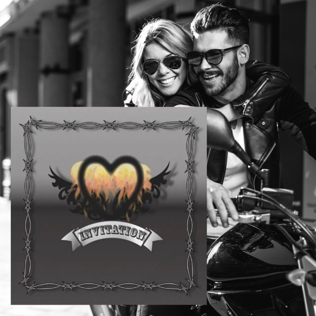 Invitación a la boda de ciclismo Flames Heart Rock (Flames Heart RockNRoll Biker Wedding Invitation)