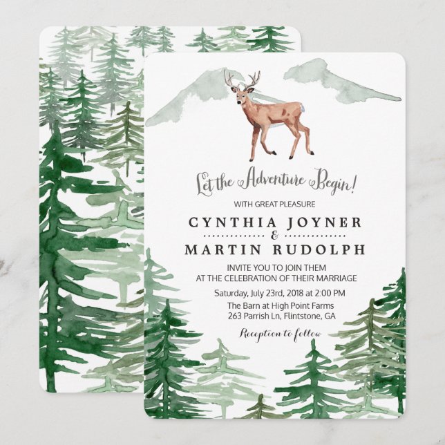 Invitación a la boda de ciervos de árbol rústico (Anverso / Reverso)