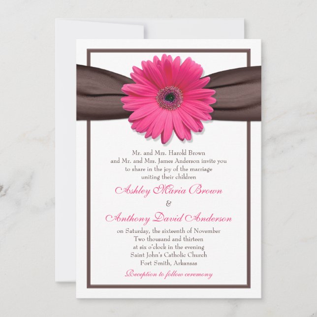 Invitación a la boda de Cinta Marrón Rosa Gerbera  (Anverso)