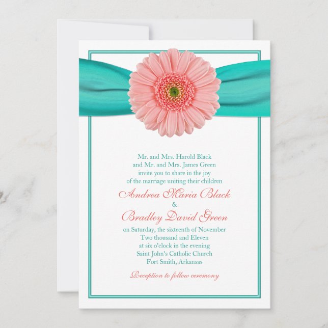 Invitación a la boda de Cinta Turquesa Coral Gerbe (Anverso)