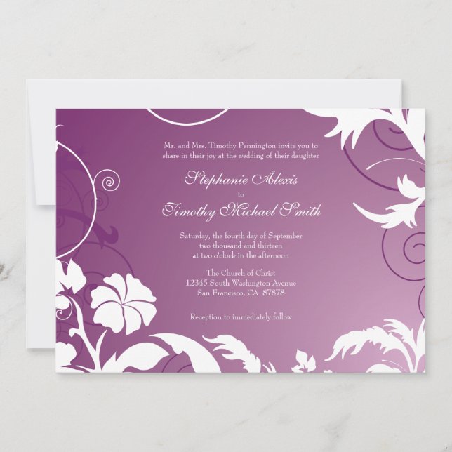 Invitación a la boda de ciruela morada blanca y fl (Anverso)