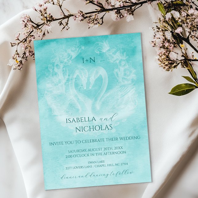 Invitación a la boda de cisne verde azulada con mo (Teal Romantic Wedding Invite)