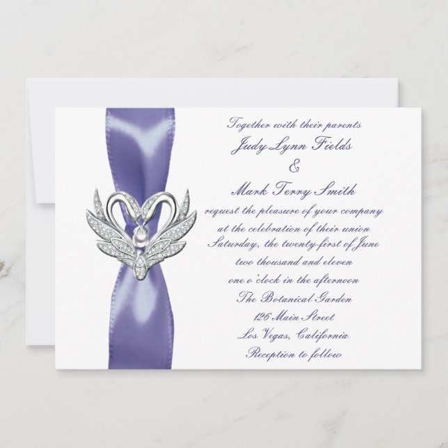 Invitación a la boda de cisnes morados de plata az (Anverso)