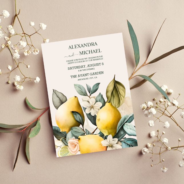 Invitación a la boda de cítricos con acuarela rúst (Subido por el creador)