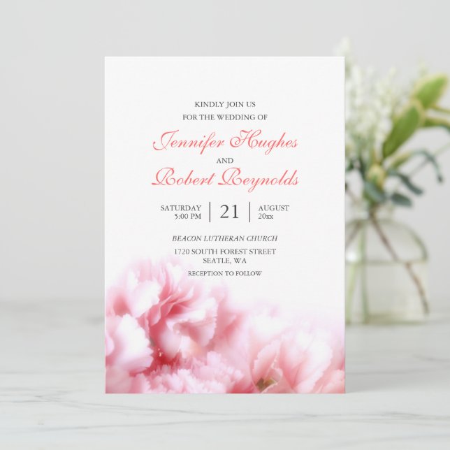 Invitación a la boda de claveles rosados (Anverso de pie)
