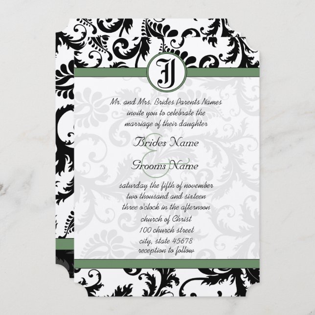 Invitación a la boda de Clover Green Damask Swirls (Anverso / Reverso)