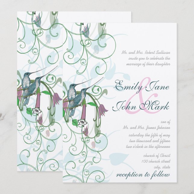 Invitación a la boda de colibríes rosas, azules y  (Anverso / Reverso)