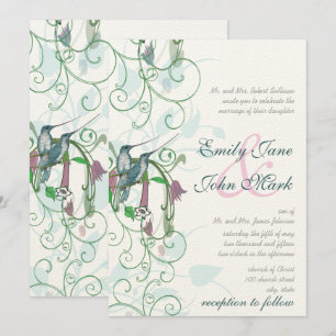 Invitación a la boda de colibríes rosas, azules y