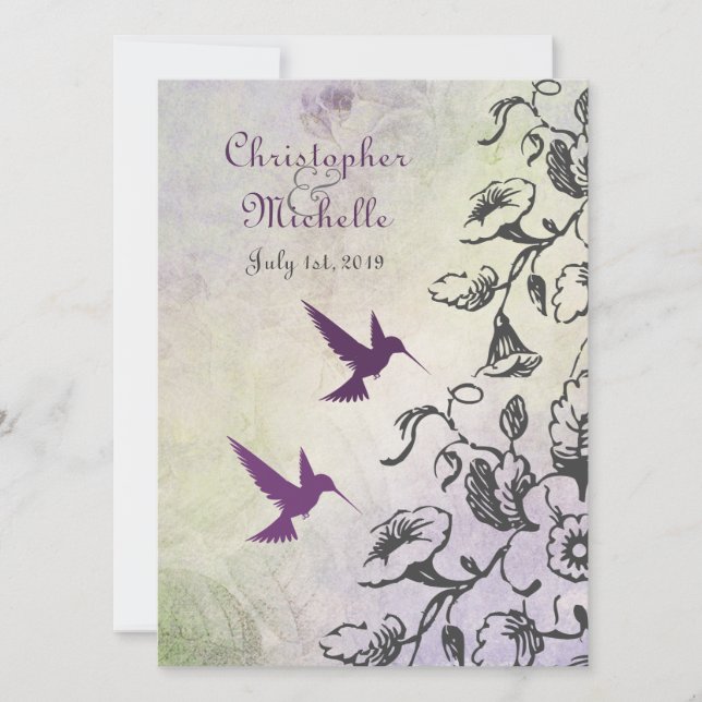 Invitación a la boda de colibríes y flores (Anverso)