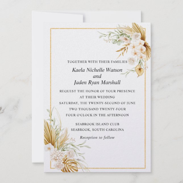 Invitación a la boda de color acuático Gold Beach (Anverso)