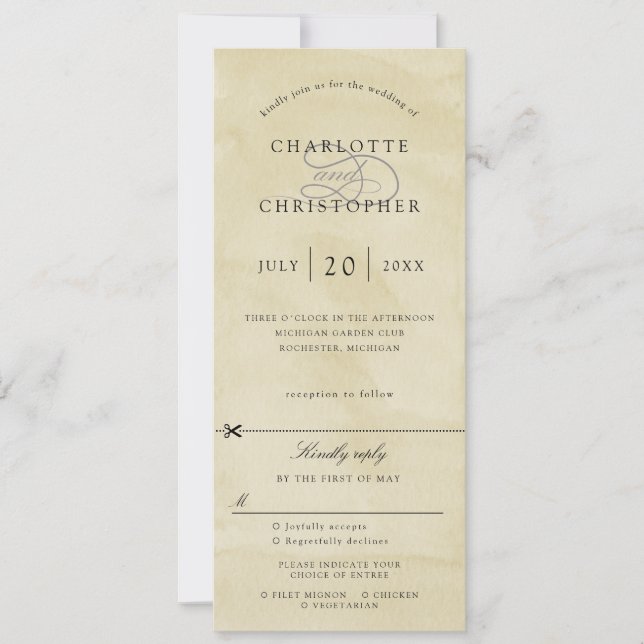 Invitación a la boda de color amarillo con rsvp (Anverso)