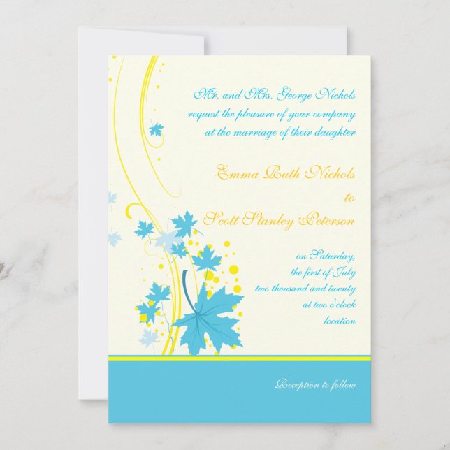 Invitación a la boda de color amarillo turquesa (Anverso)