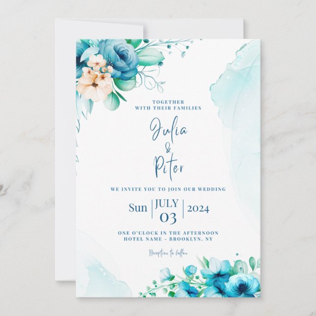 Invitación a la boda de color azul (Anverso)