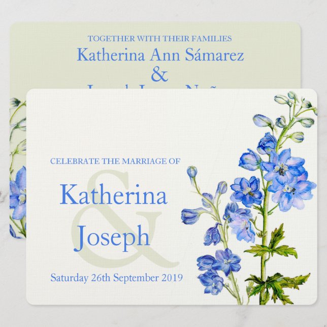 Invitación a la boda de color azul delfino (Anverso / Reverso)