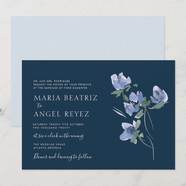 invitación a la boda de color azul elegante (Anverso / Reverso)