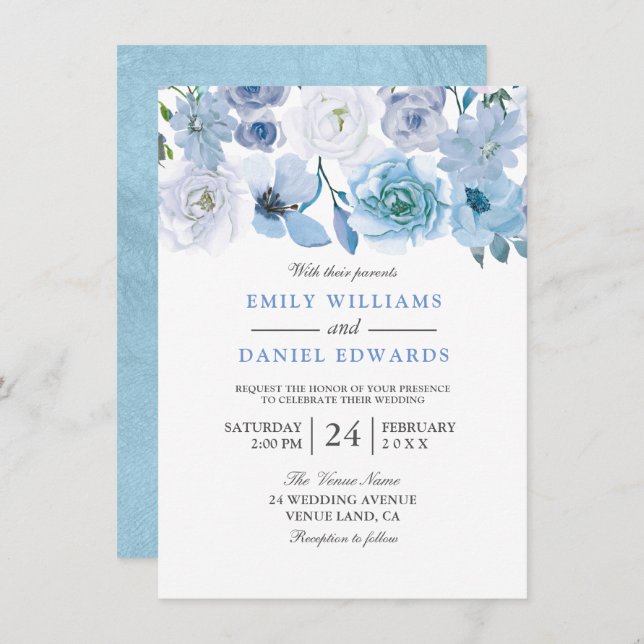 Invitación a la boda de color azul floral (Anverso / Reverso)