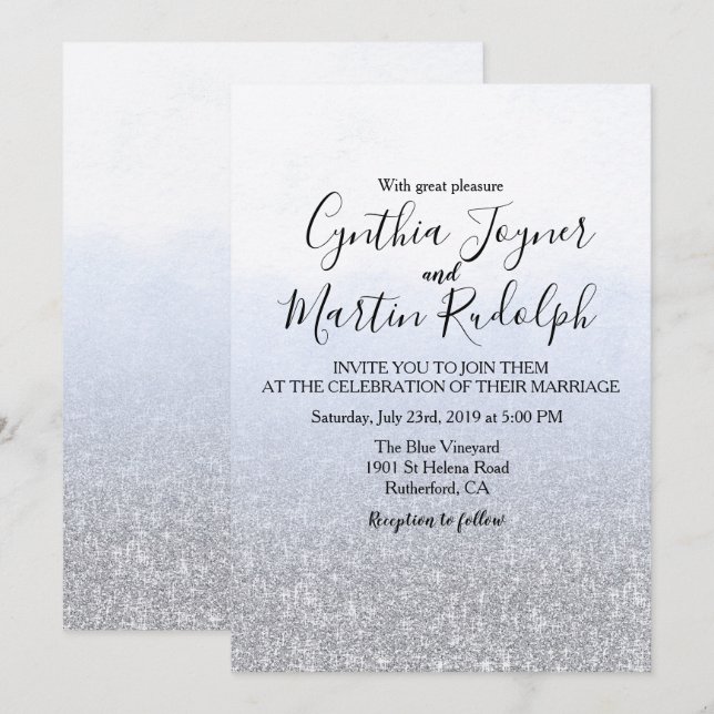 Invitación a la boda de color azul gris (Anverso / Reverso)