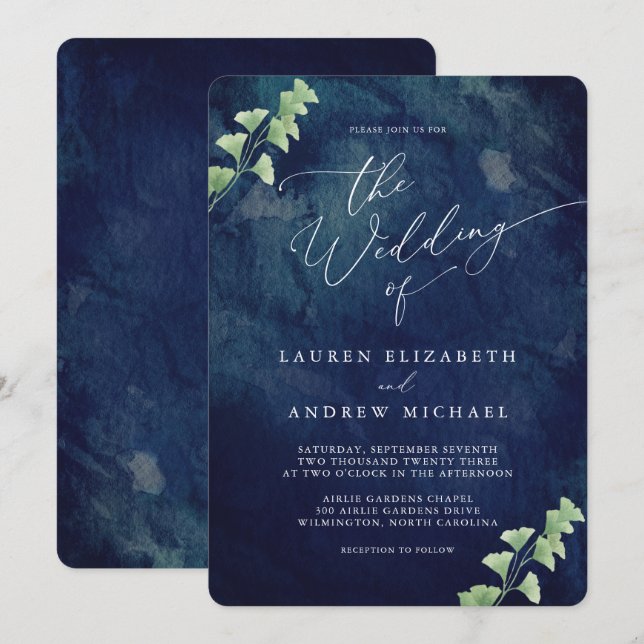 Invitación a la boda de color azul oscuro (Anverso / Reverso)