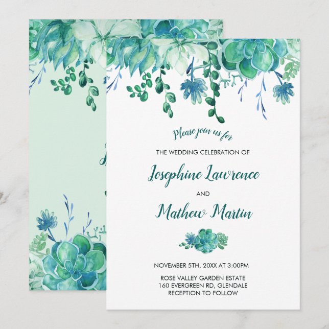 Invitación a la boda de color de agua verde (Anverso / Reverso)