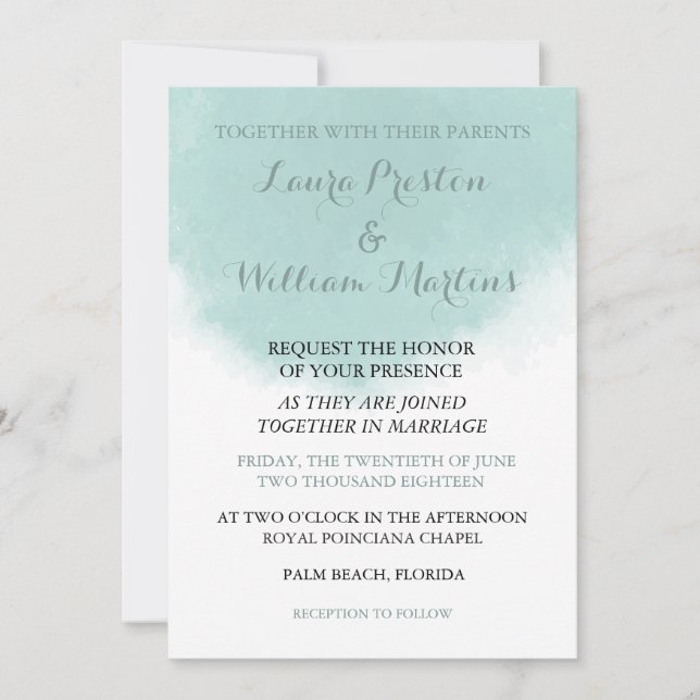 Invitación a la boda de color de agua verde de la  (Anverso)